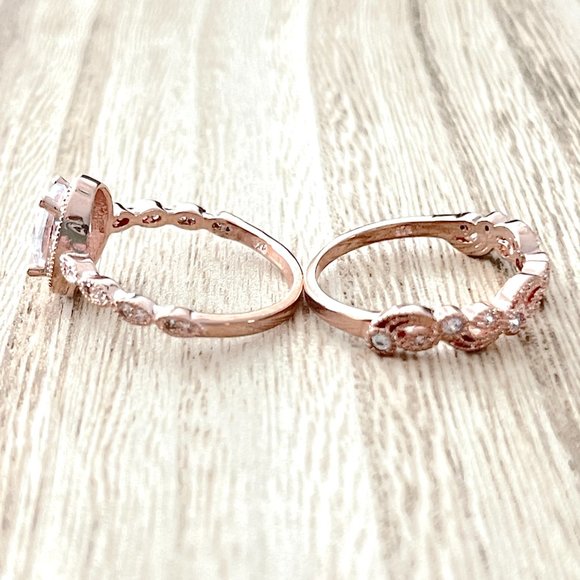 Oval White Sapphire Halo Ring w/ Leaf-Vine Band. 14K Rose Gold. - Picture 2 of 5